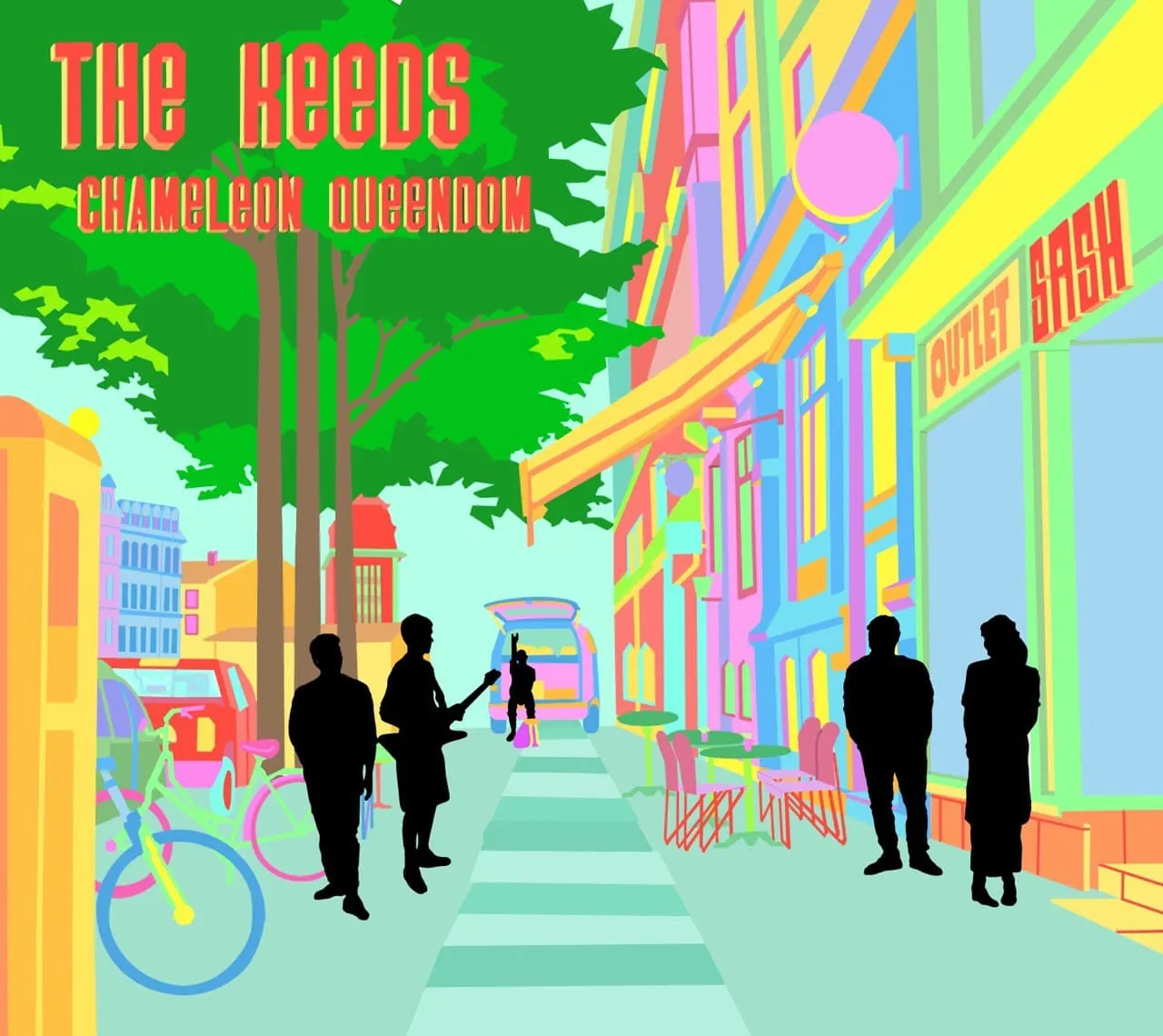 Cover von Chameleon Queendom von The Keeds: bunte Straße mit Silhouetten der Band