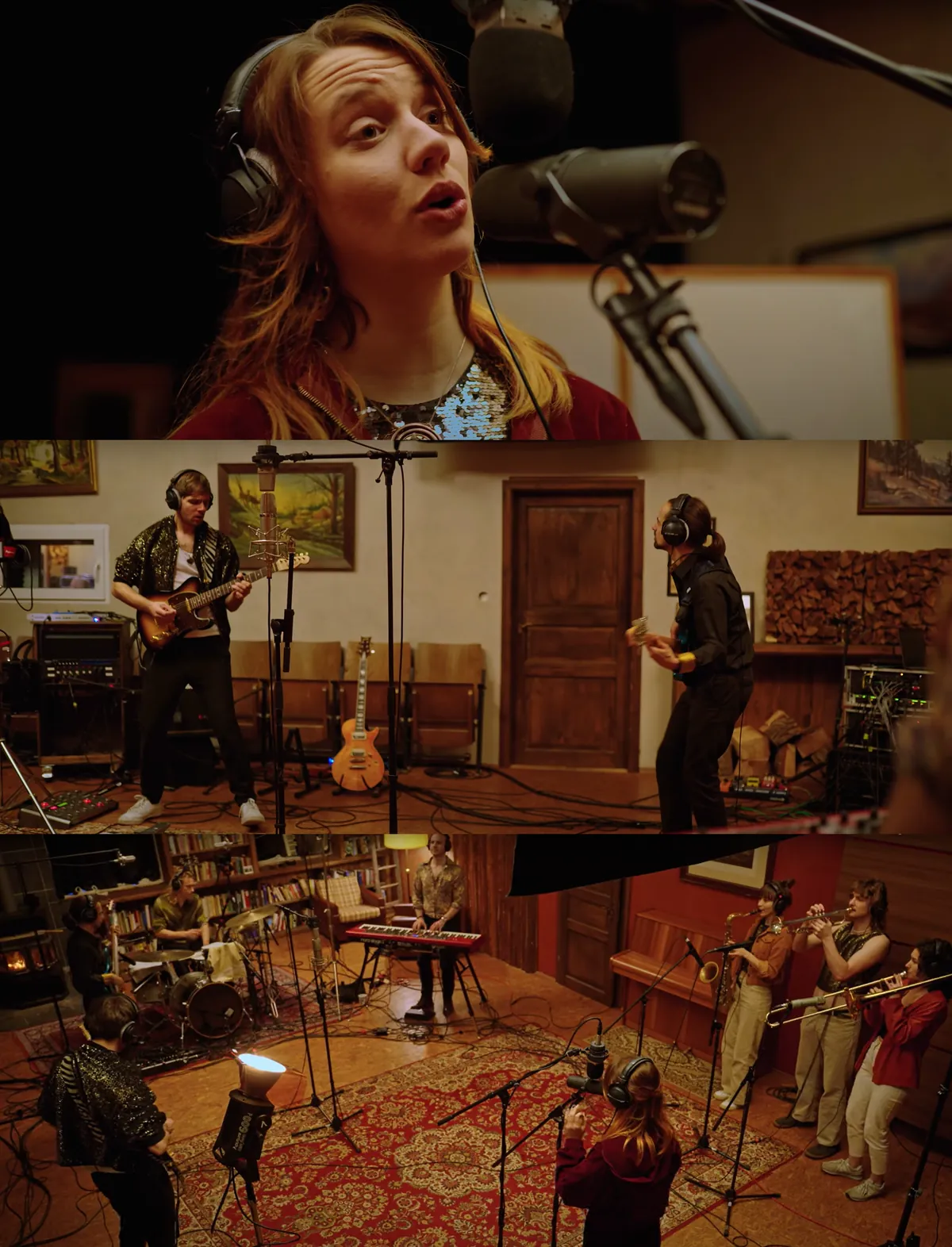 Collage aus der Live-Session in den OffTheRoad Studios Leipzig: Sängerin am Mikrofon und die Band im Aufnahmeraum